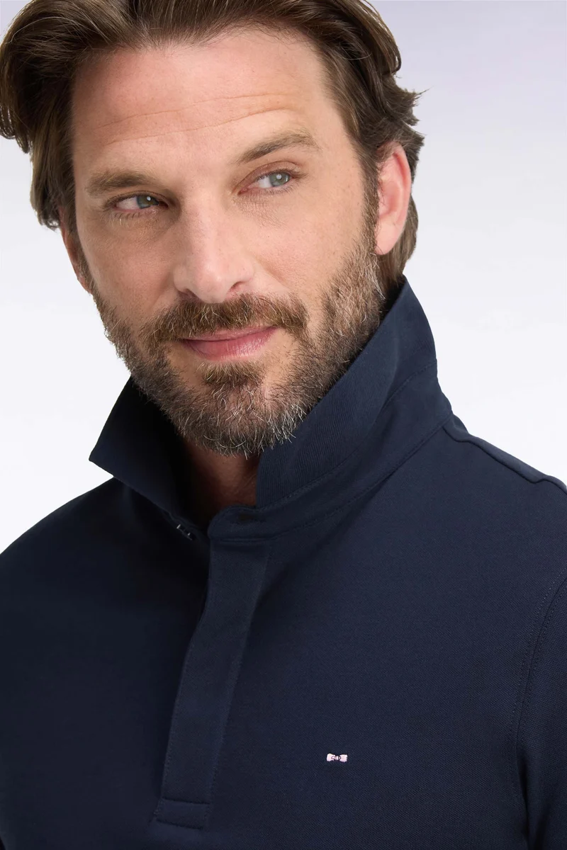 Polo manches longues en coton stretch marine coupe ajustée