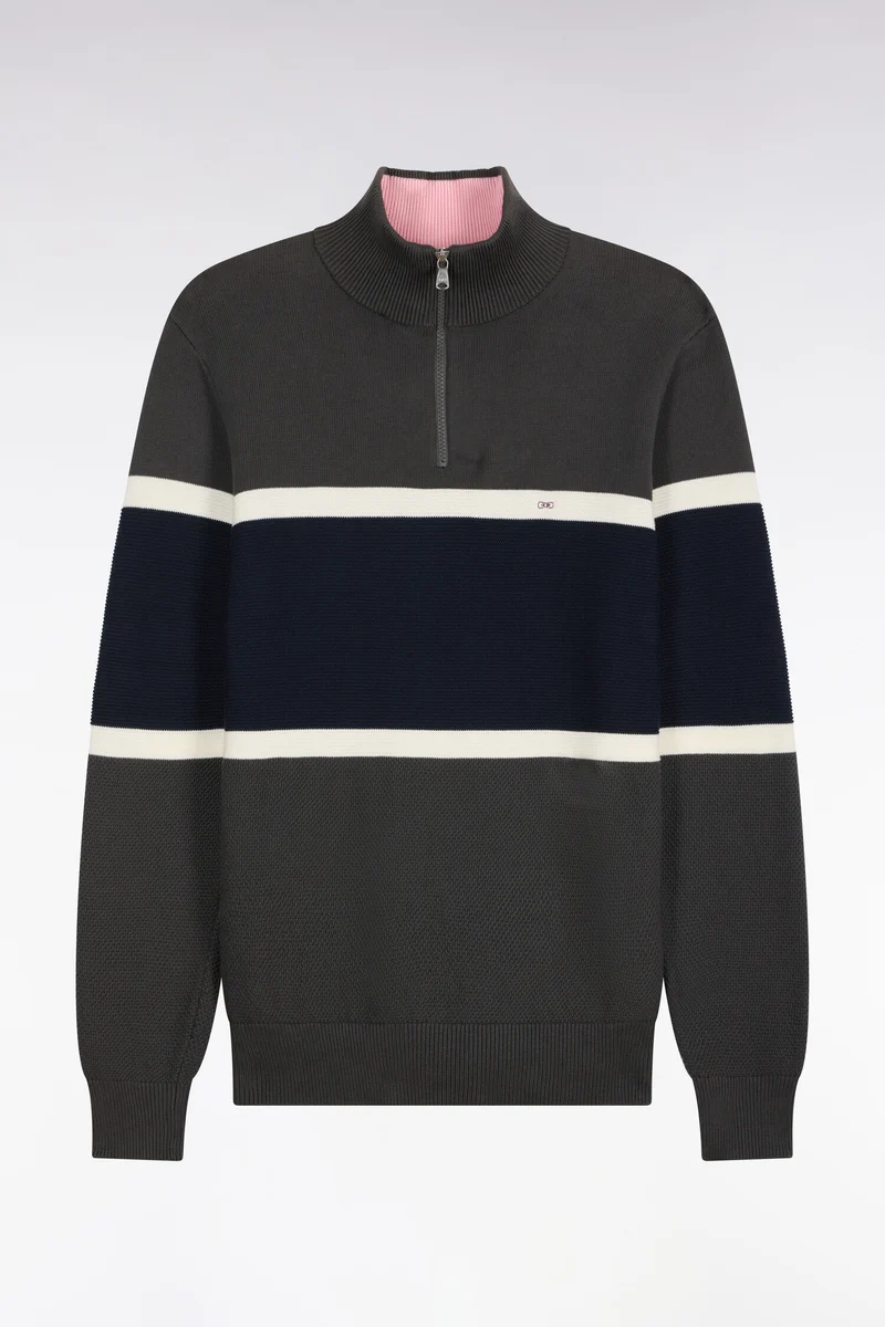 Pull à col camionneur en coton kaki à découpes contrastées coupe droite
