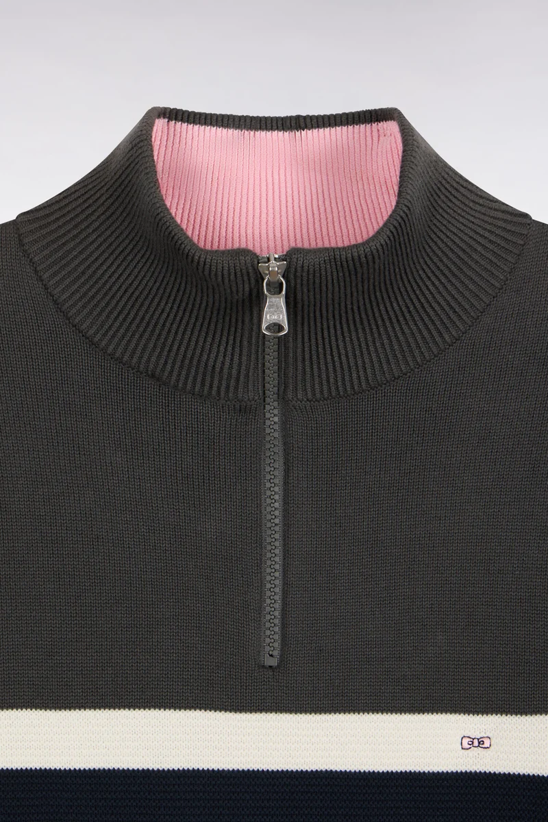 Pull à col camionneur en coton kaki à découpes contrastées coupe droite