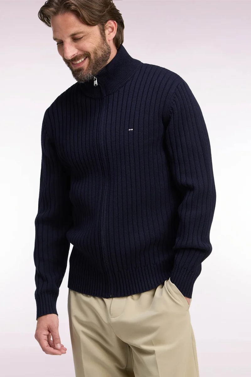 Cardigan zippé à col camionneur en laine et coton marine côtelé coupe droite