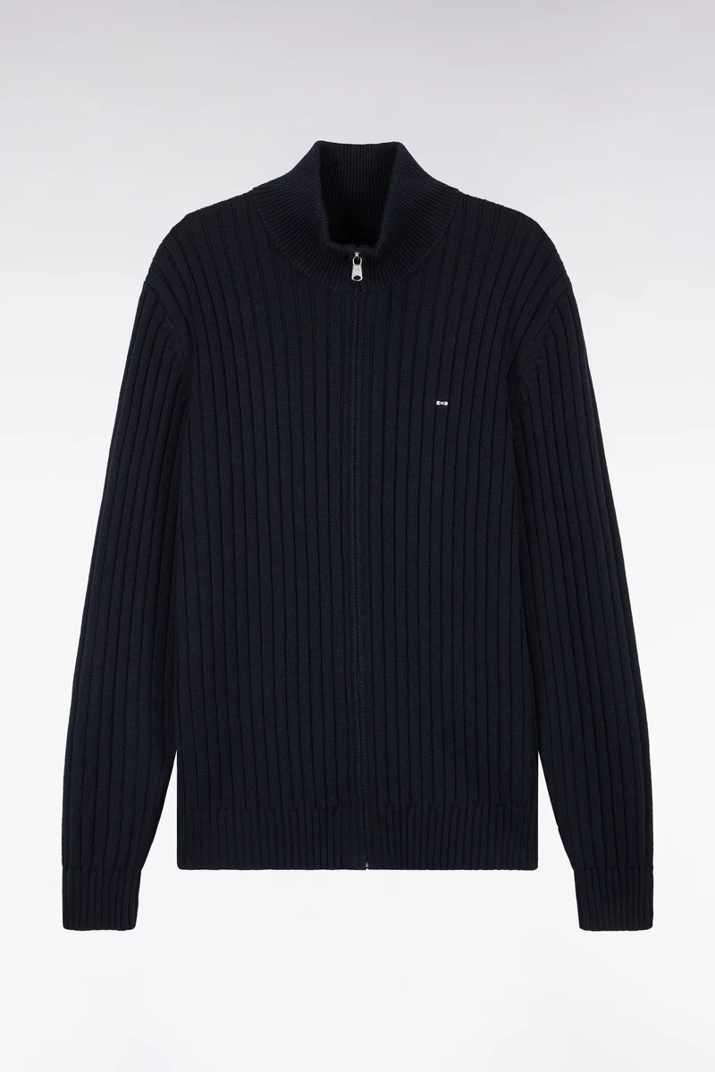 Cardigan zippé à col camionneur en laine et coton marine côtelé coupe droite