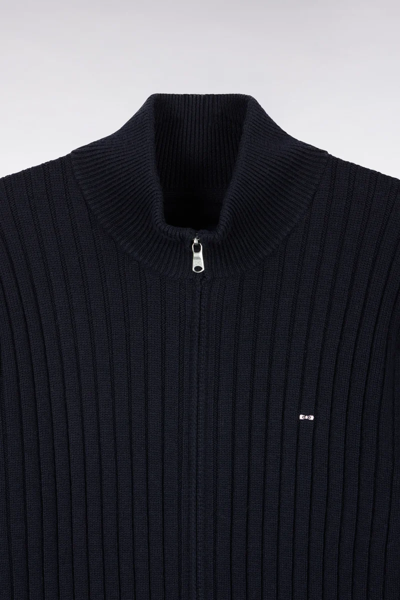 Cardigan zippé à col camionneur en laine et coton marine côtelé coupe droite