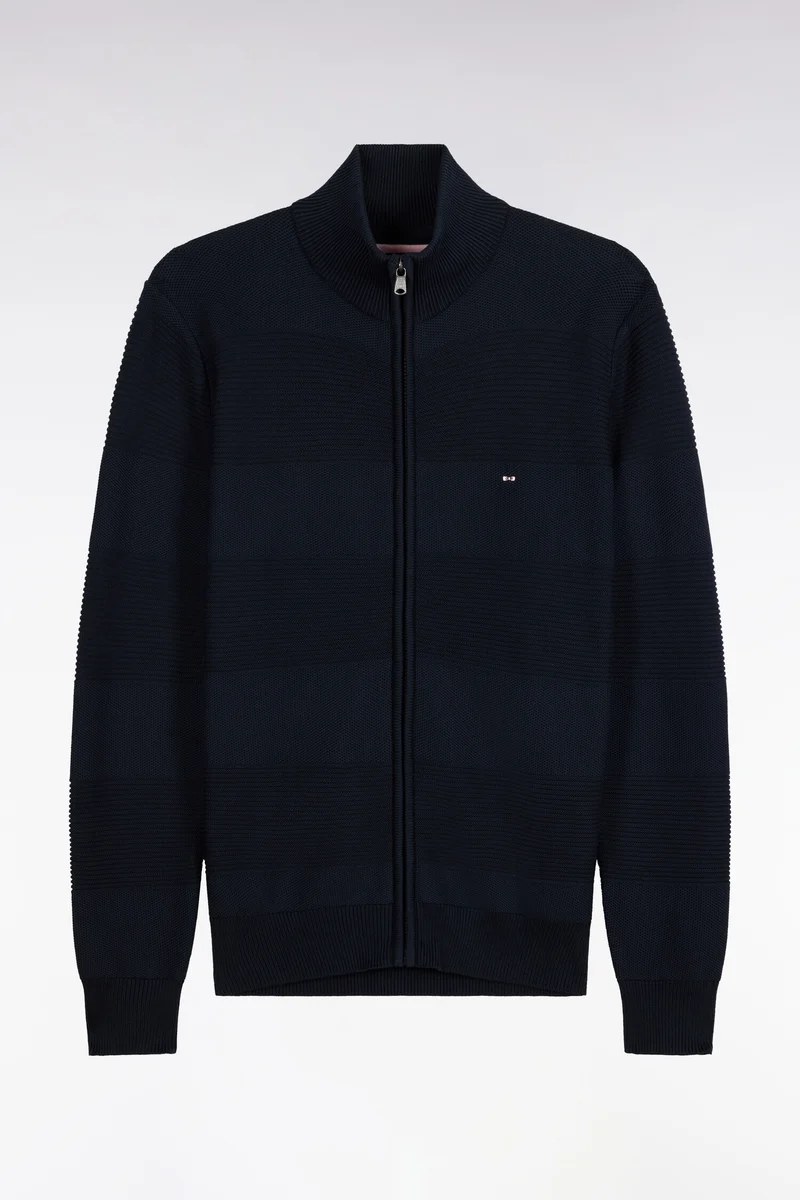 Cardigan zippé en coton marine à effet rayé coupe droite