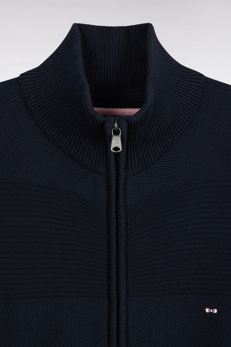 Cardigan zippé en coton marine à effet rayé coupe droite