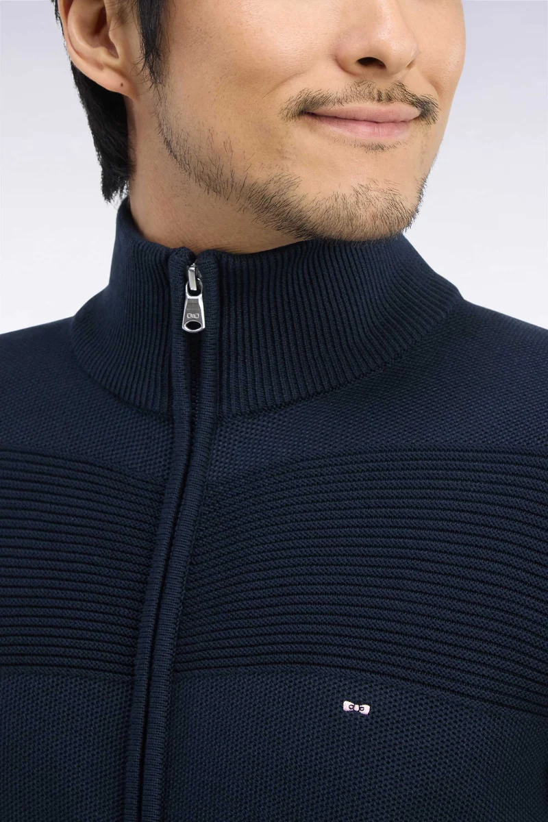 Cardigan zippé en coton marine à effet rayé coupe droite