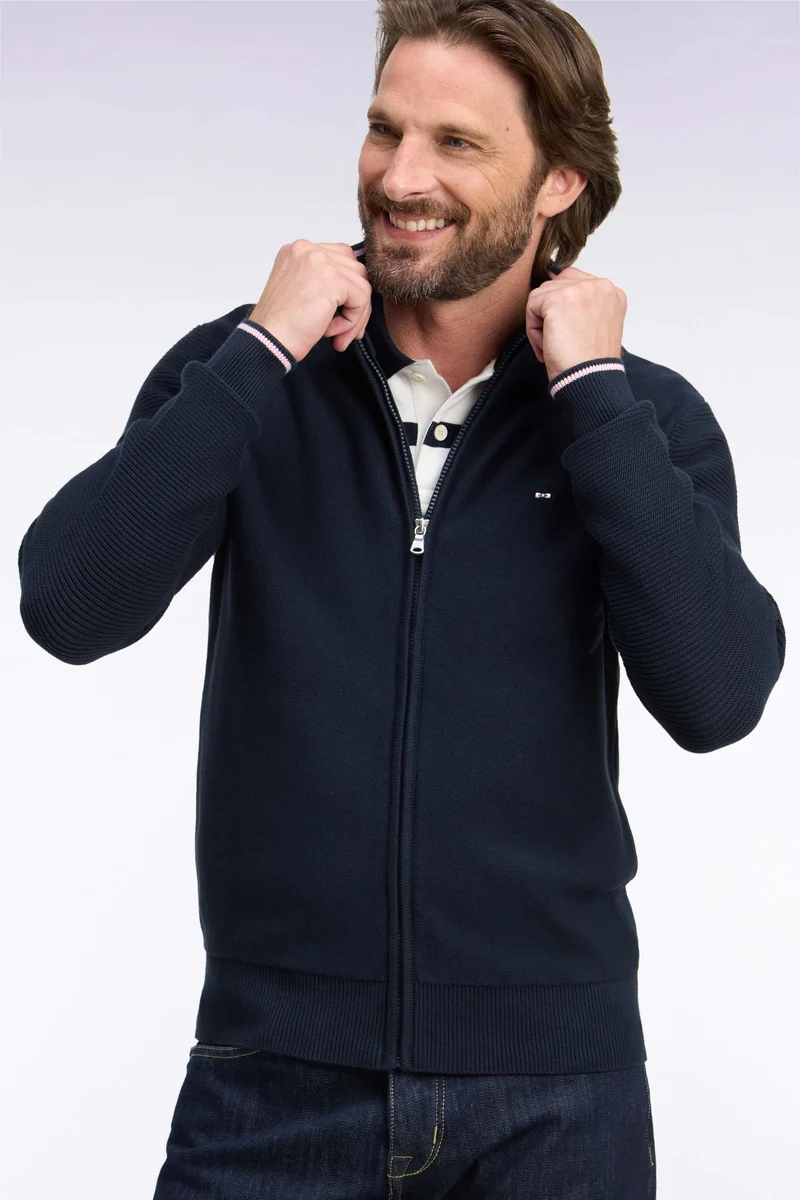 Cardigan en jersey coton marine zippé broderie dos