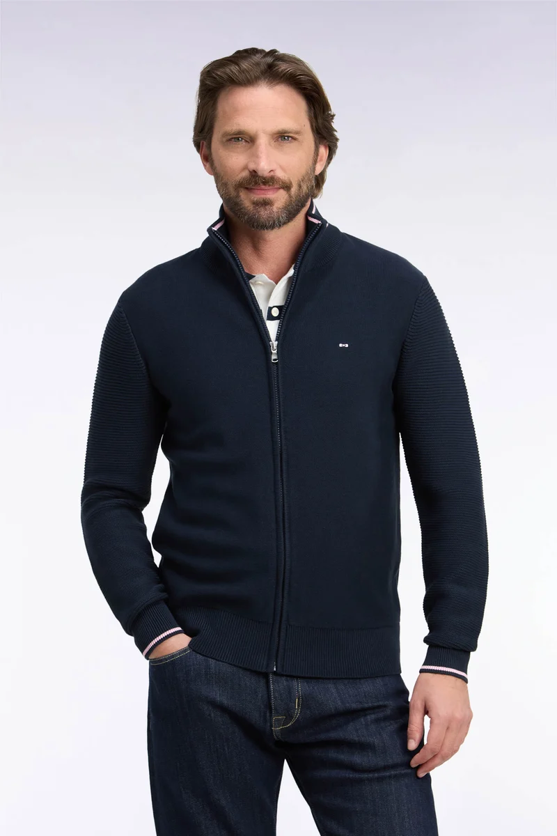 Cardigan en jersey coton marine zippé broderie dos
