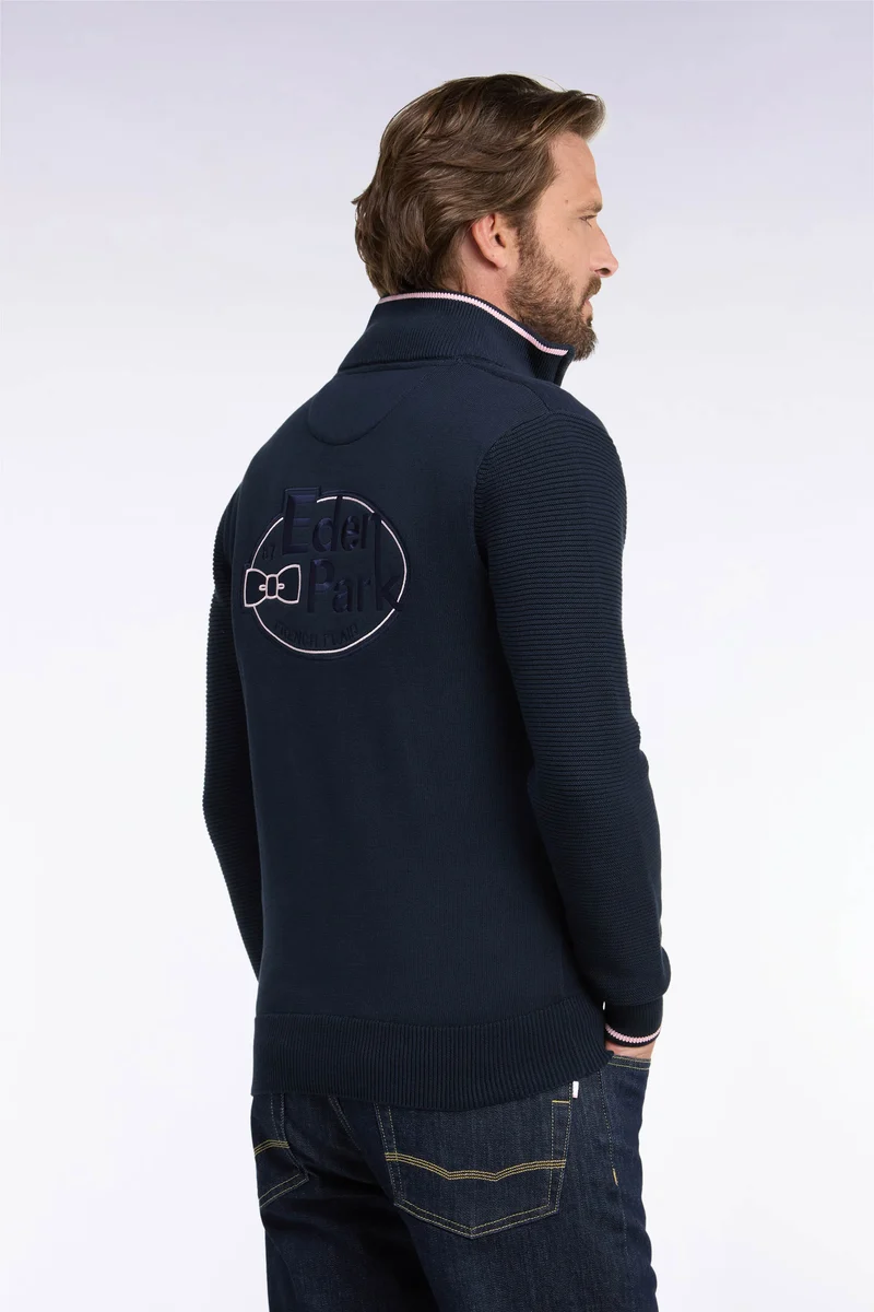 Cardigan en jersey coton marine zippé broderie dos
