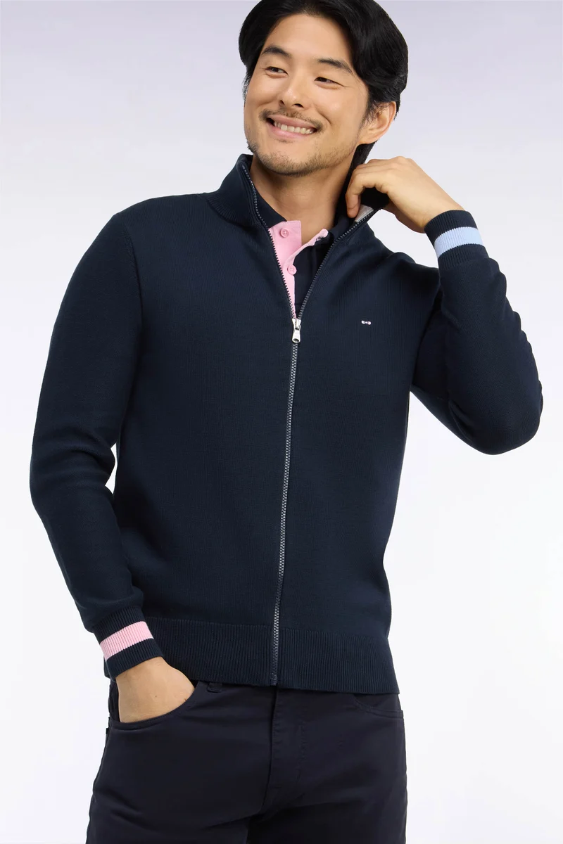 Cardigan zippé en coton marine dos brodé coupe droite