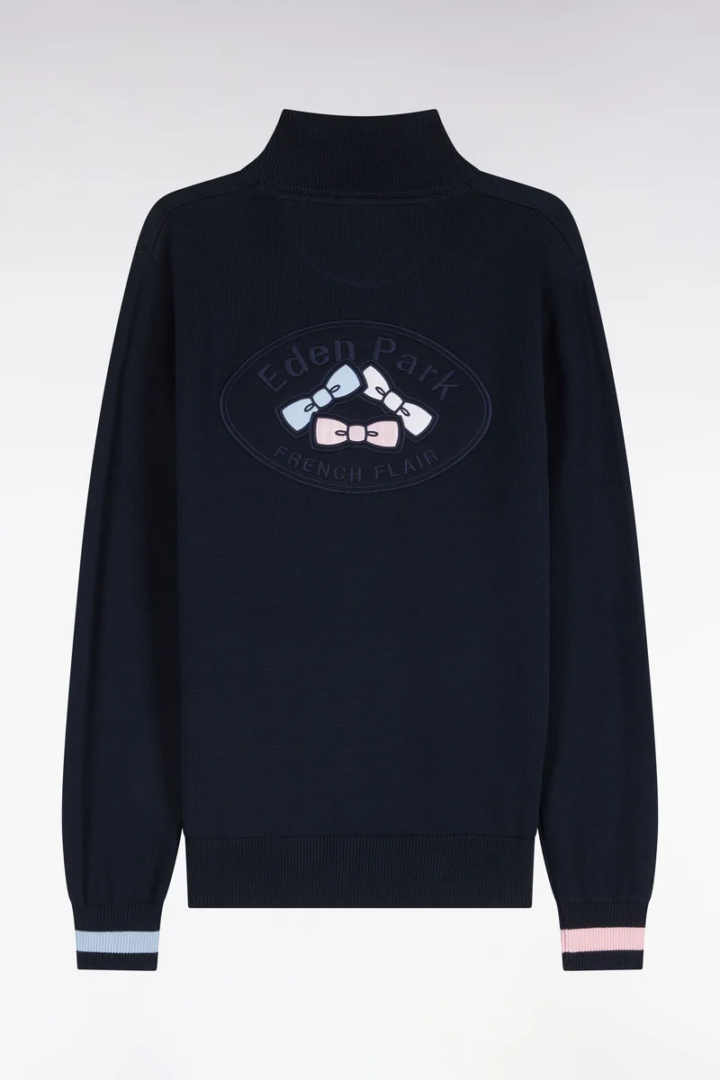Cardigan zippé en coton marine dos brodé coupe droite