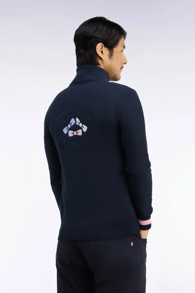 Cardigan zippé en coton marine dos brodé coupe droite