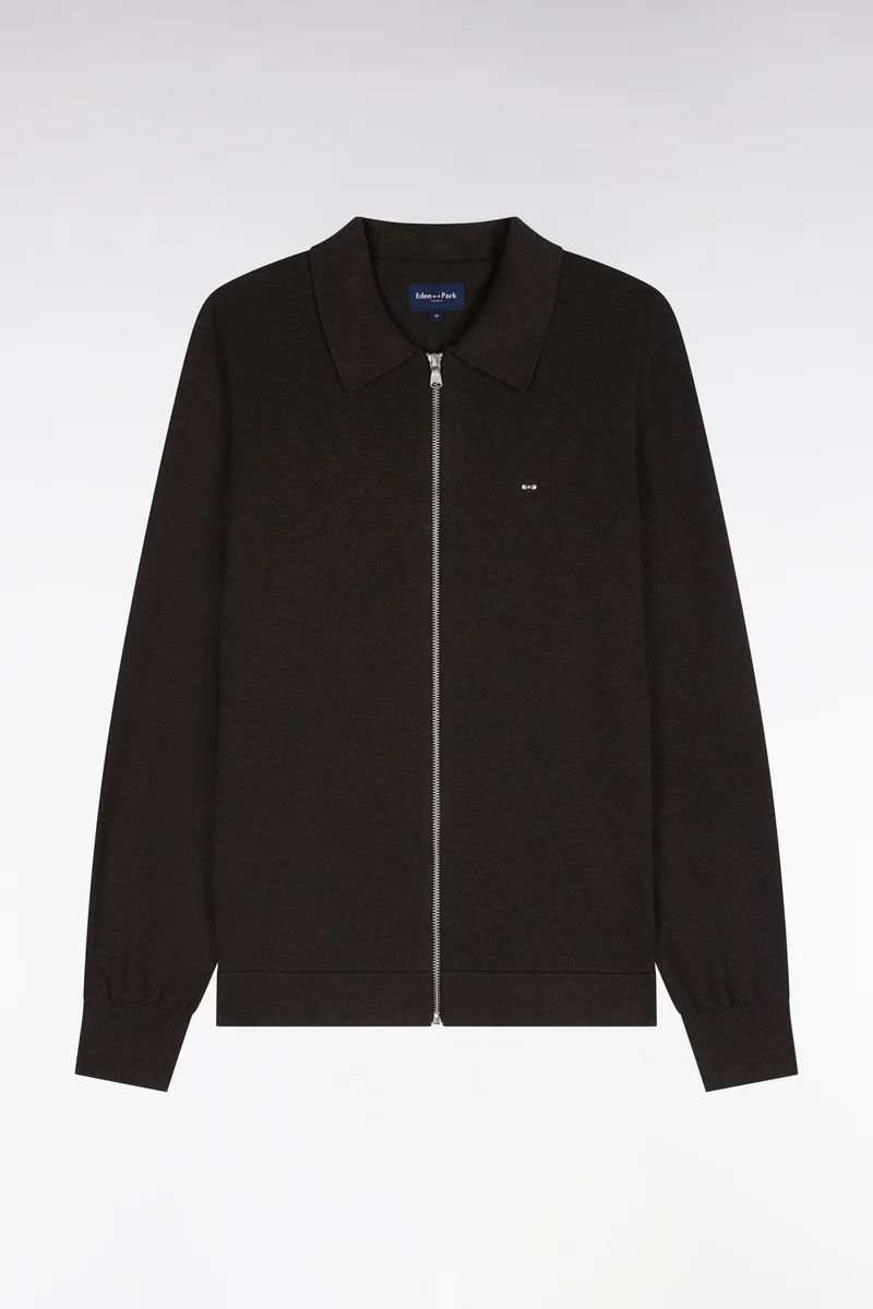 Cardigan zippé en coton et viscose marron coupe droite