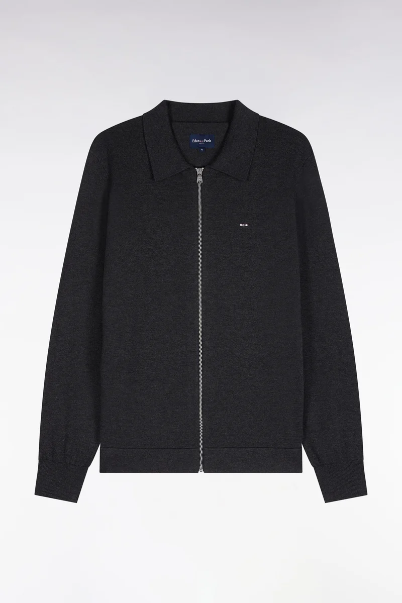 Cardigan zippé en coton et viscose gris foncé coupe droite