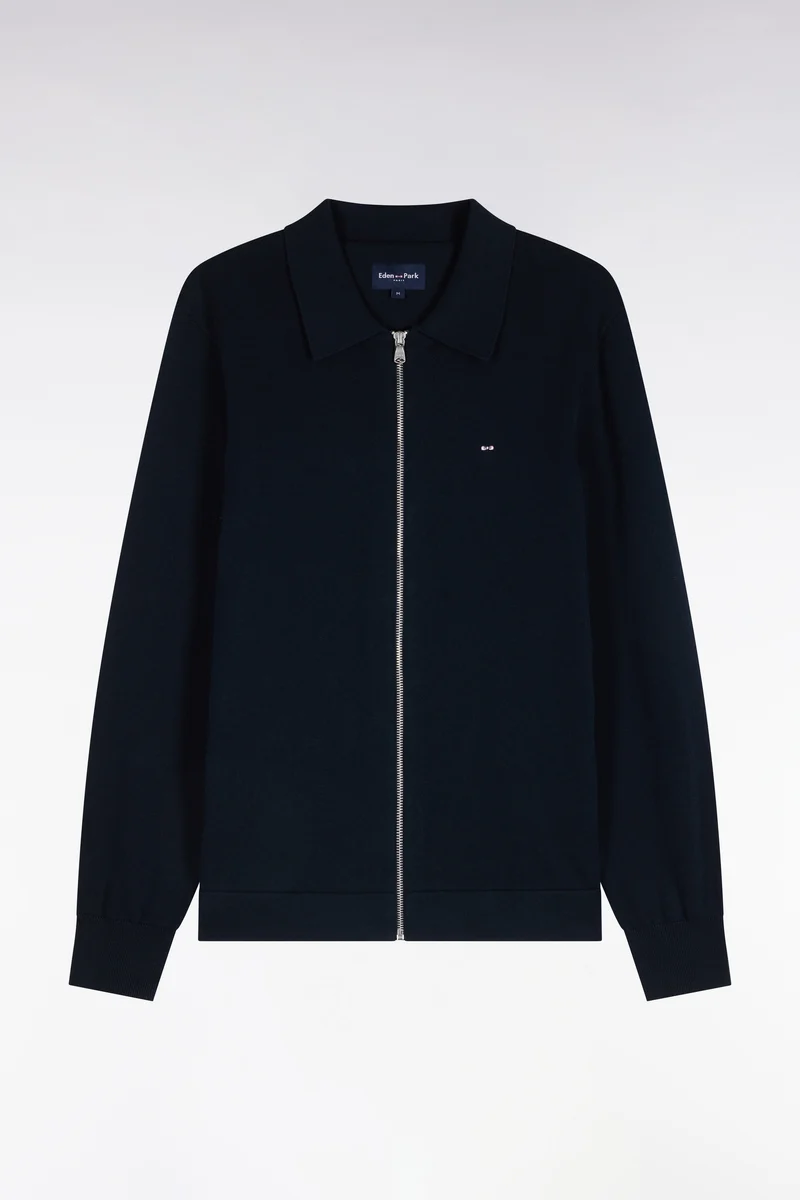 Cardigan zippé en coton et viscose marine coupe droite