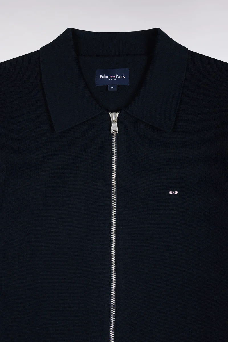 Cardigan zippé en coton et viscose marine coupe droite
