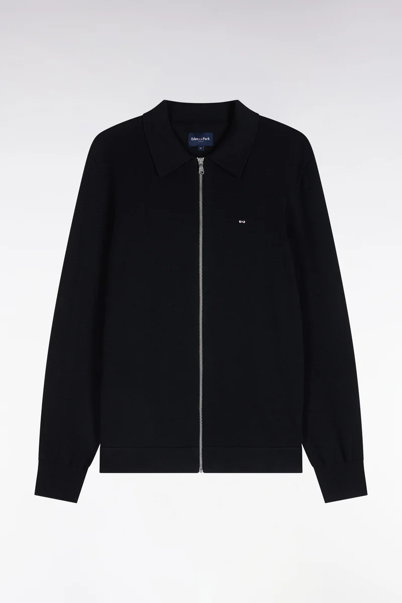 Cardigan zippé en coton et viscose noir coupe droite