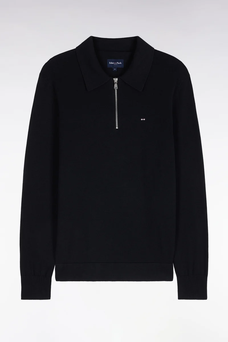 Pull à col polo zippé en coton et viscose noir coupe droite