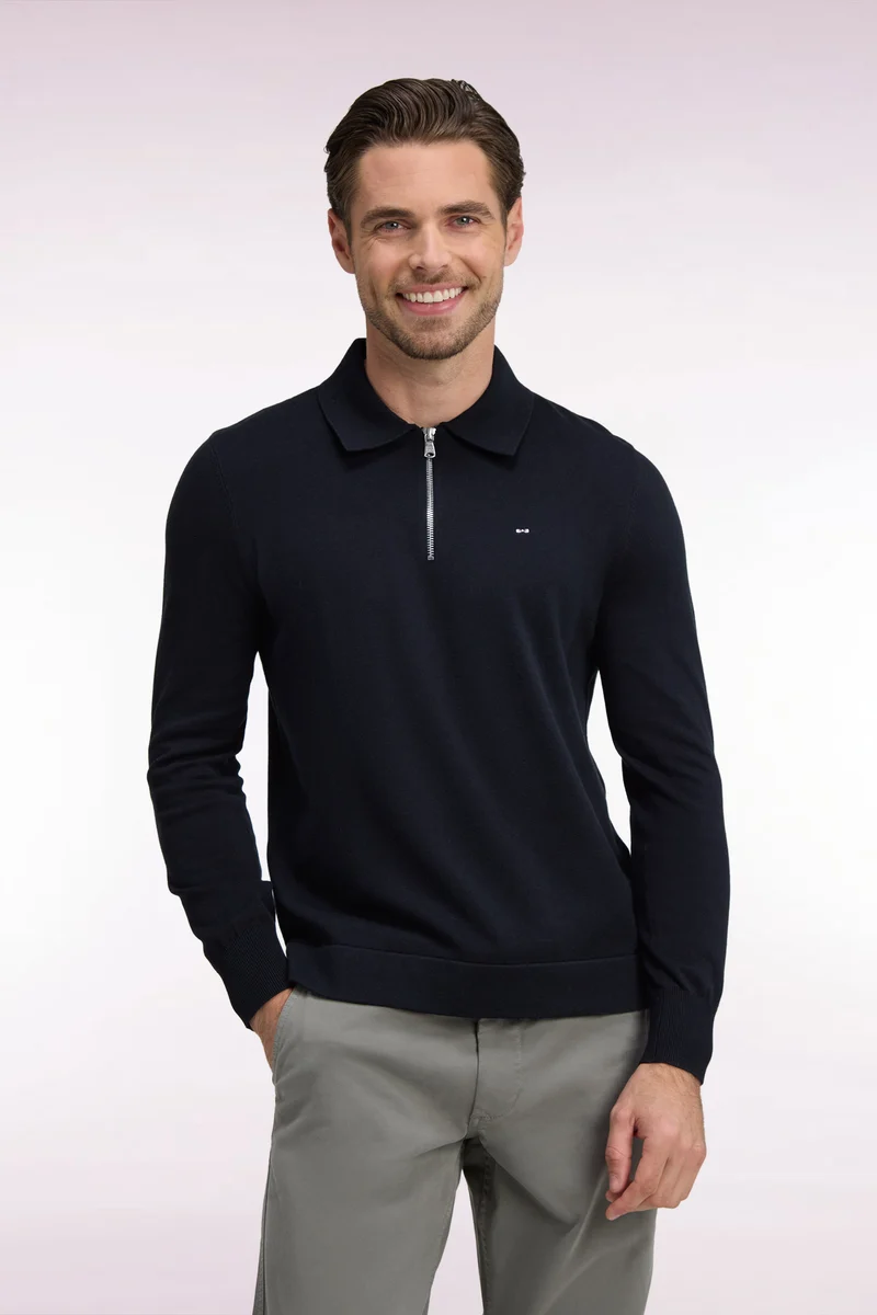 Pull à col polo zippé en coton et viscose noir coupe droite