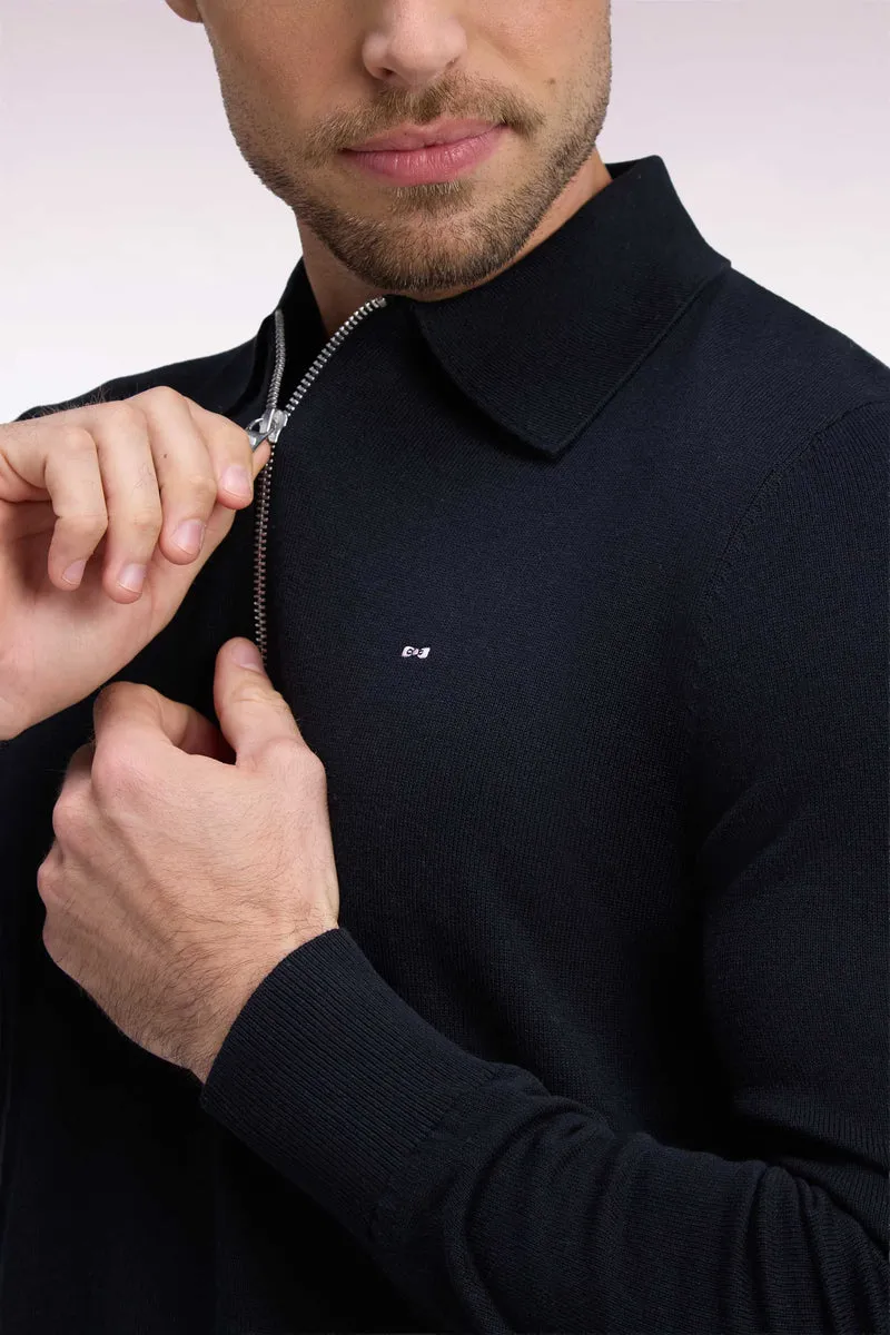 Pull à col polo zippé en coton et viscose noir coupe droite