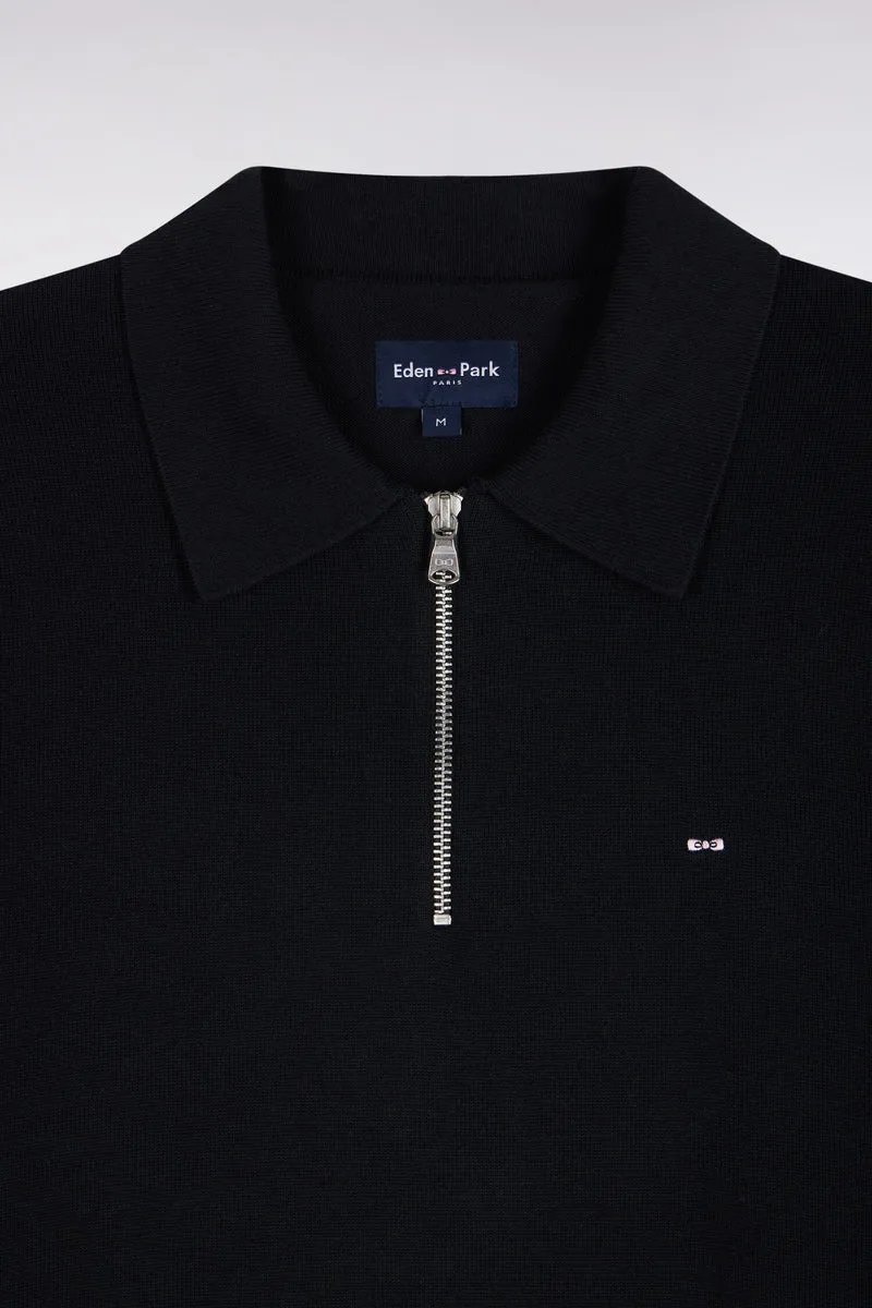 Pull à col polo zippé en coton et viscose noir coupe droite