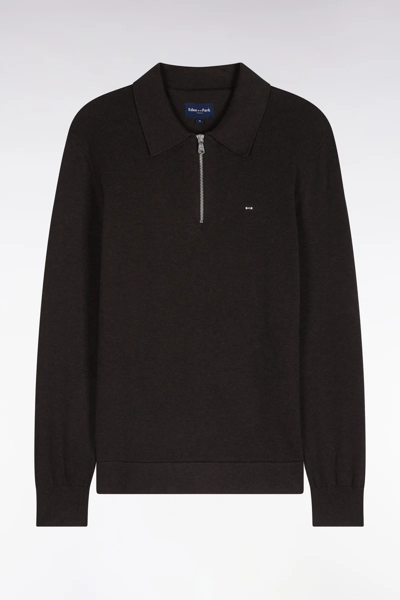 Pull à col polo zippé en coton et viscose marron coupe droite