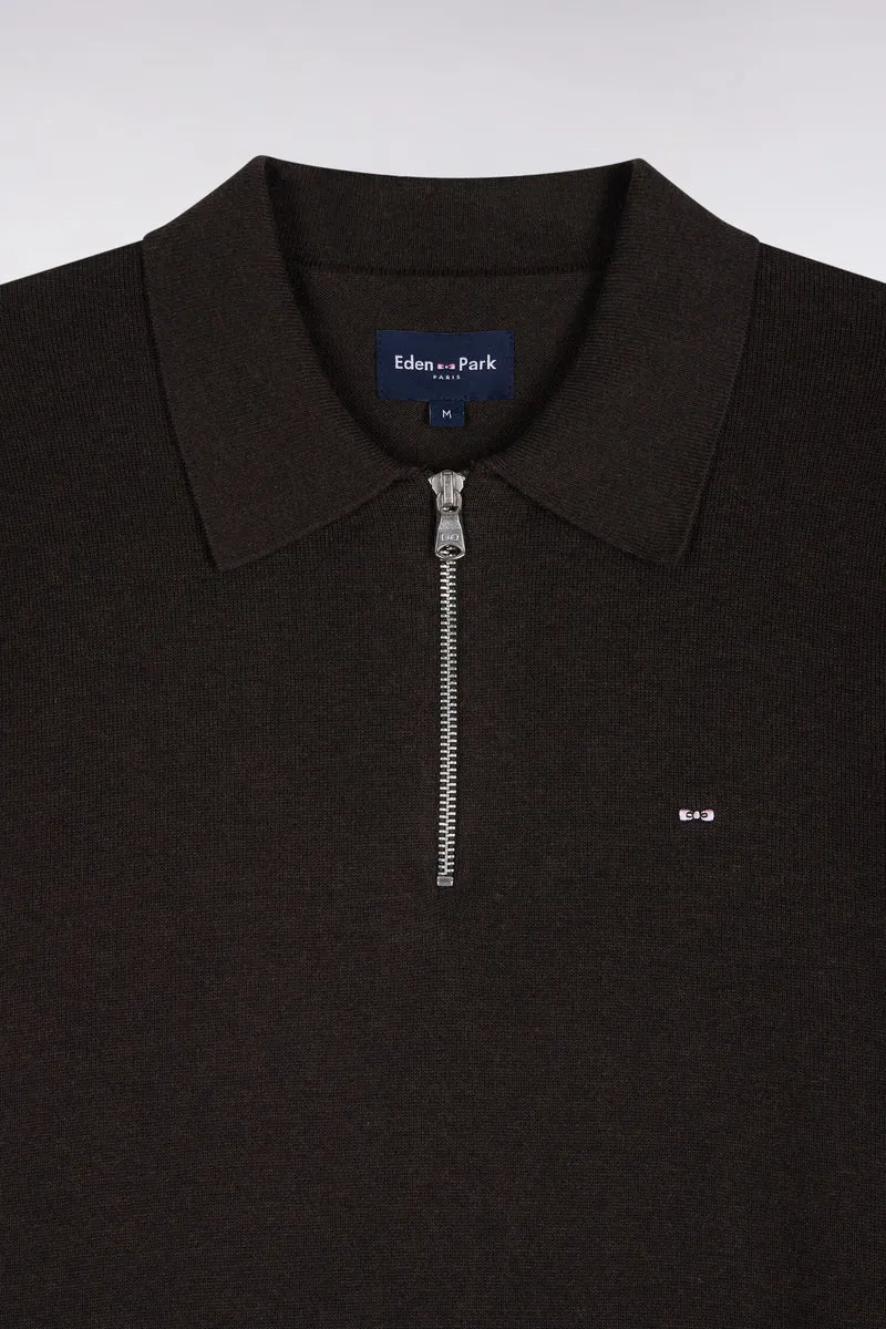 Pull à col polo zippé en coton et viscose marron coupe droite
