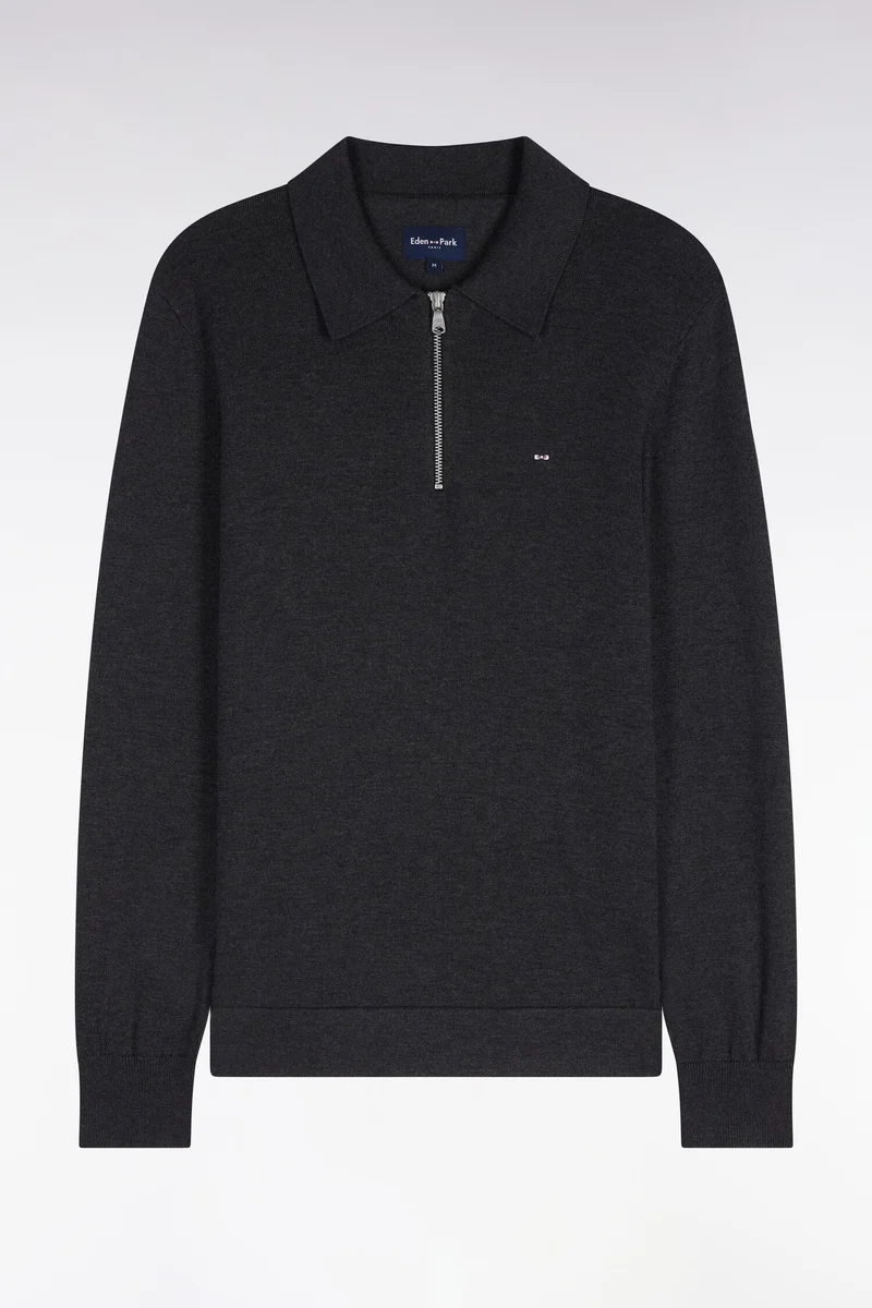 Pull à col polo zippé en coton et viscose gris foncé coupe droite