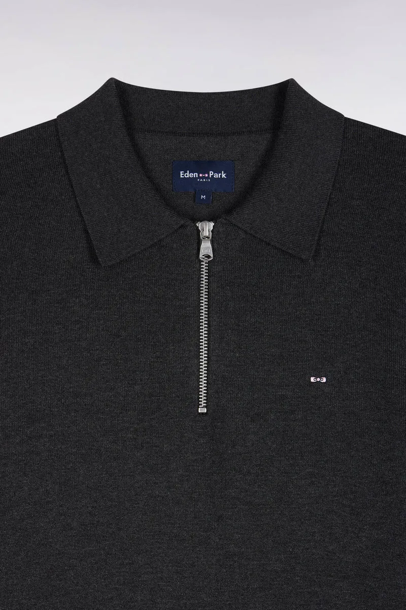 Pull à col polo zippé en coton et viscose gris foncé coupe droite