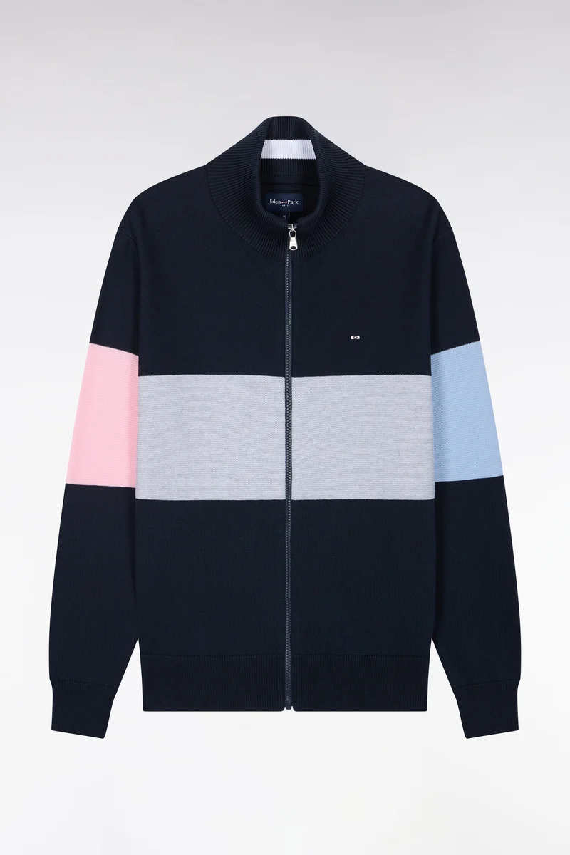 Cardigan zippé à col camionneur en coton marine à découpe coupe droite