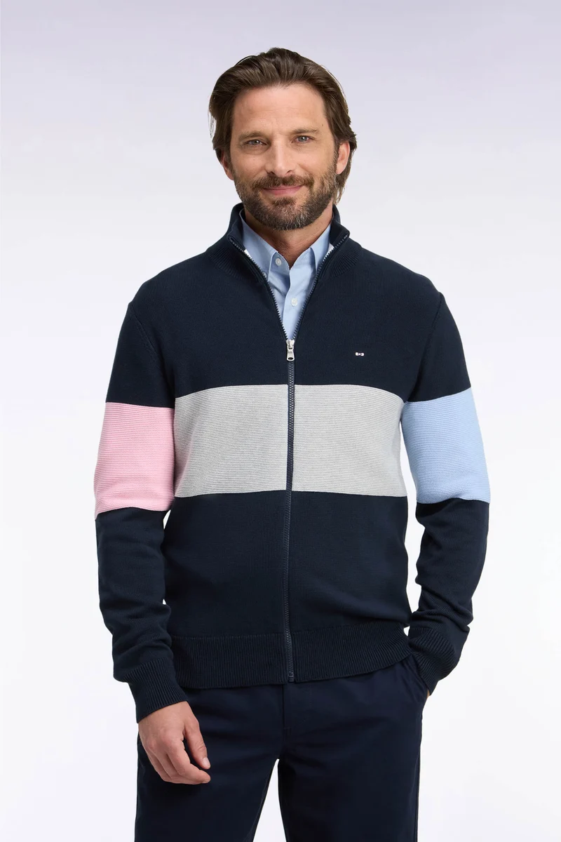 Cardigan zippé à col camionneur en coton marine à découpe coupe droite