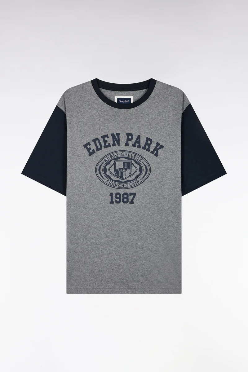 T-shirt manches courtes en coton marine et gris sérigraphié coupe droite