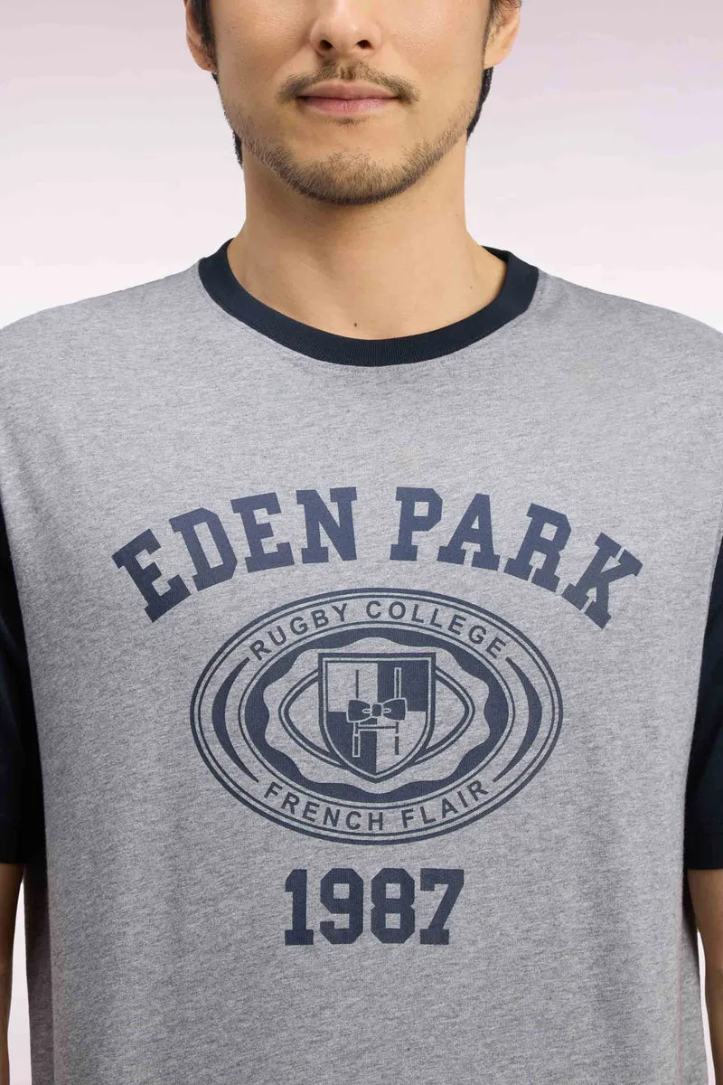 T-shirt manches courtes en coton marine et gris sérigraphié coupe droite