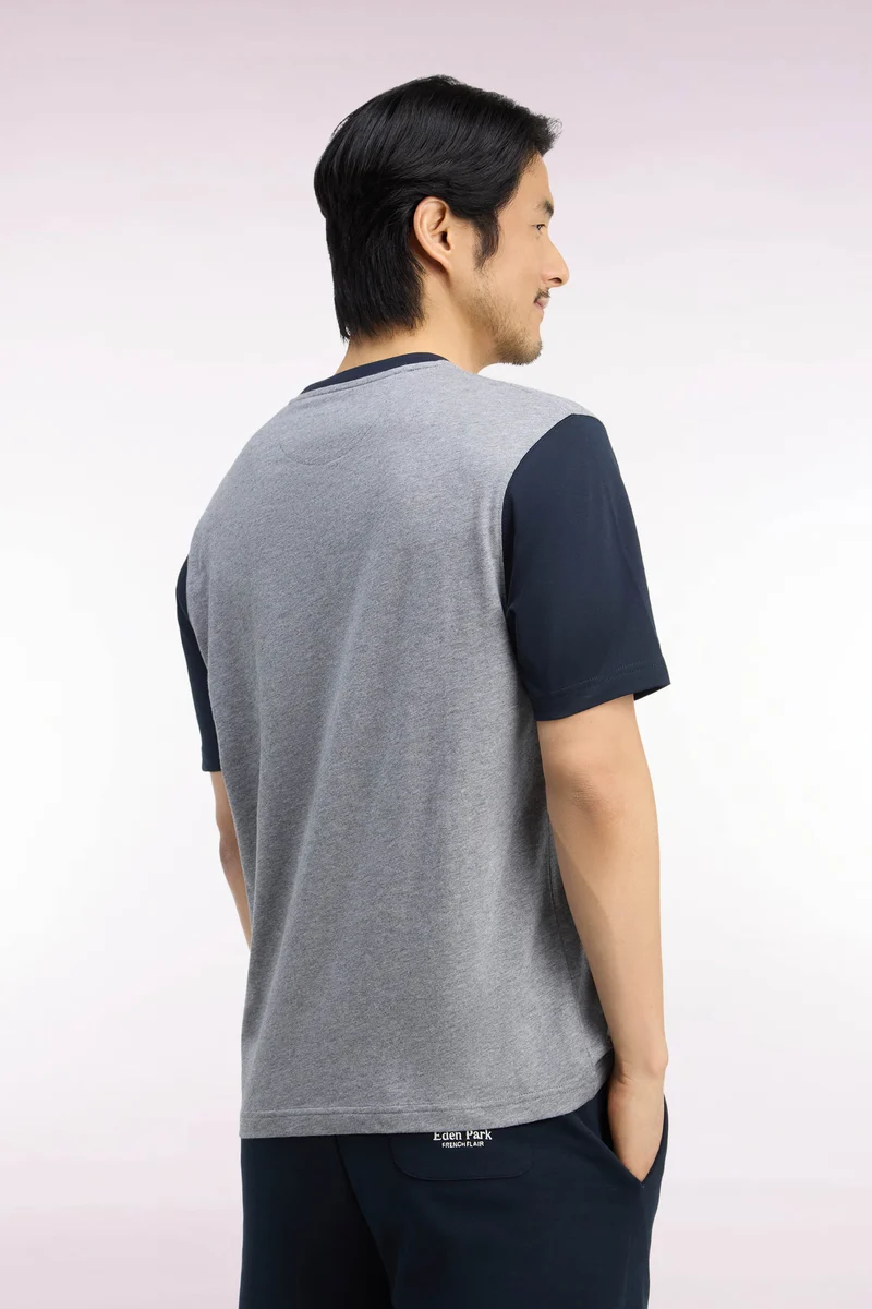 T-shirt manches courtes en coton marine et gris sérigraphié coupe droite
