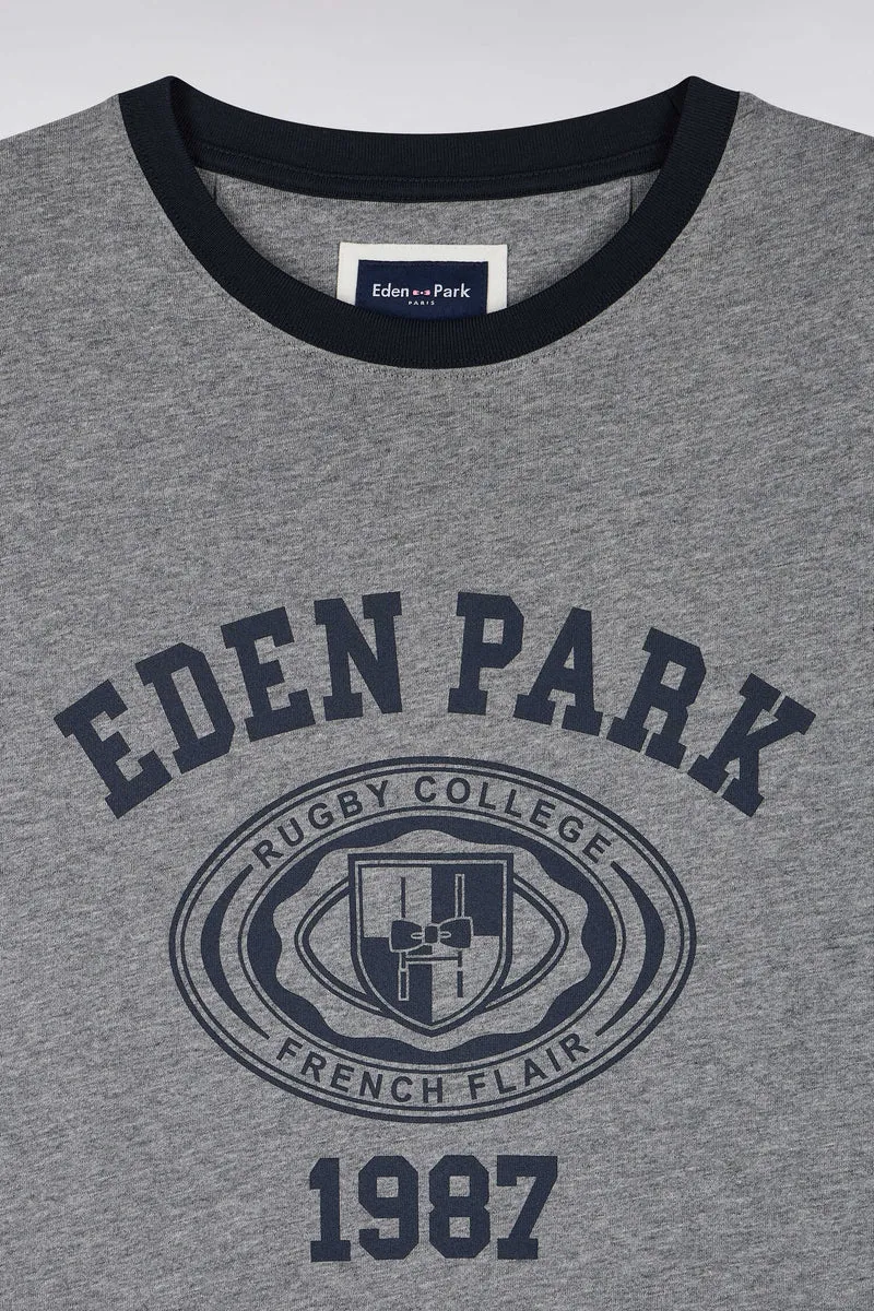 T-shirt manches courtes en coton marine et gris sérigraphié coupe droite