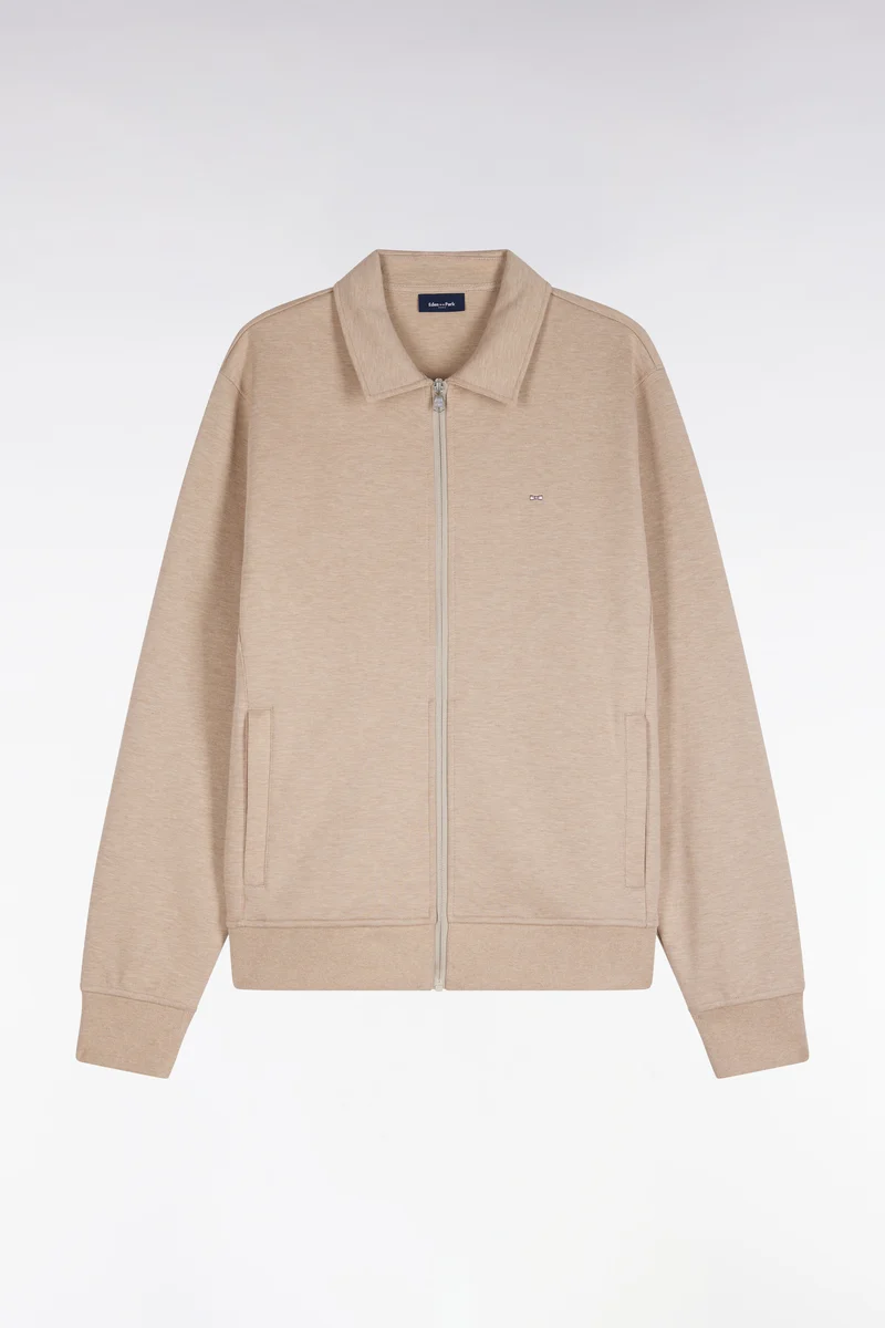 Sweatshirt zippé à col polo beige coupe droite