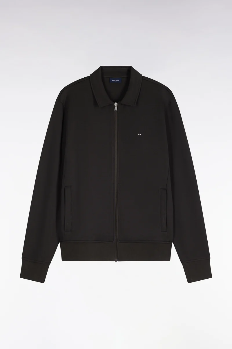 Sweatshirt zippé à col polo en coton marron coupe droite