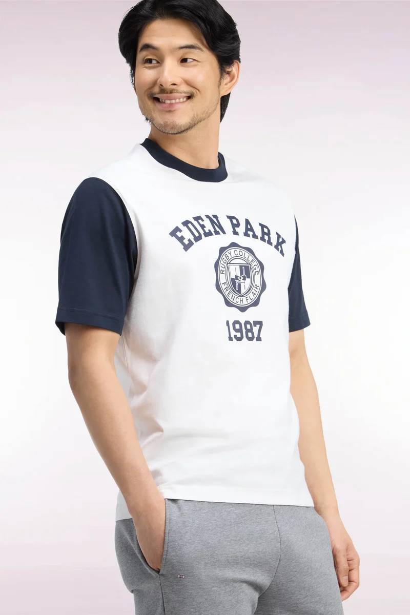 T-shirt manches courtes bicolore en coton écru sérigraphié coupe droite