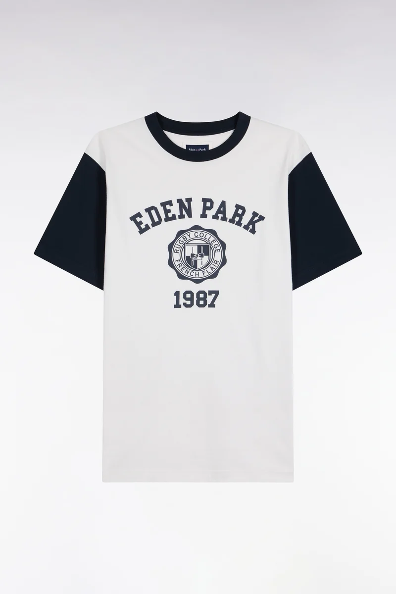 T-shirt manches courtes bicolore en coton écru sérigraphié coupe droite