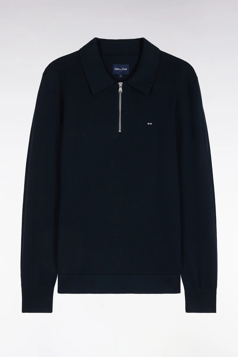 Pull à col polo zippé en coton et viscose marine coupe droite