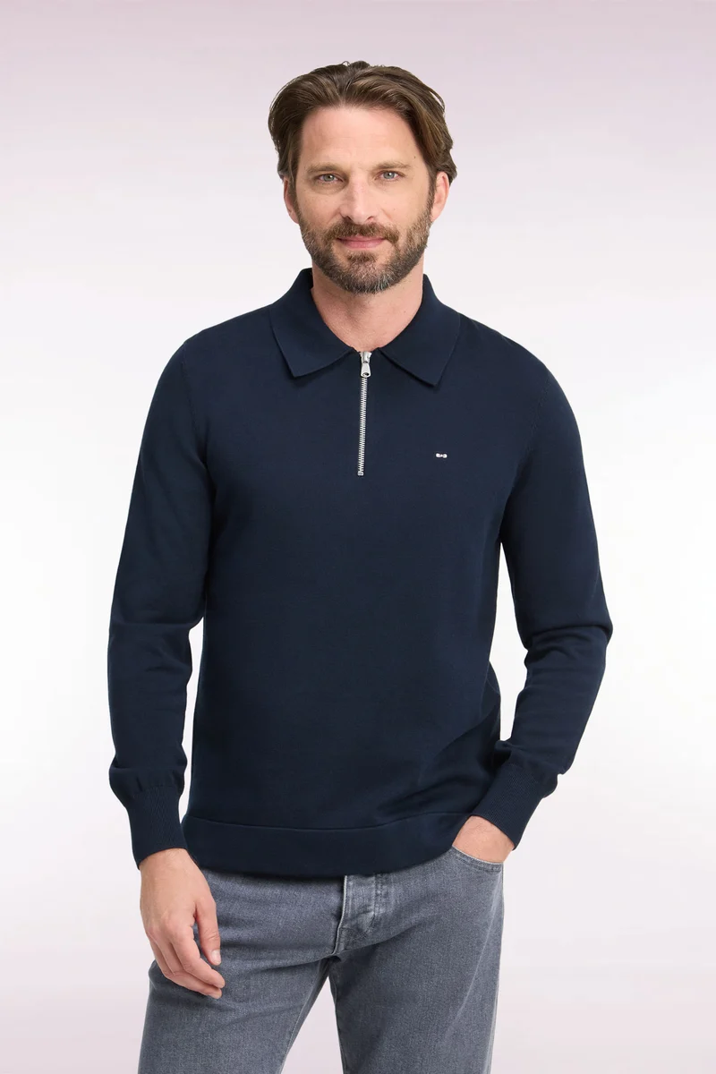 Pull à col polo zippé en coton et viscose marine coupe droite