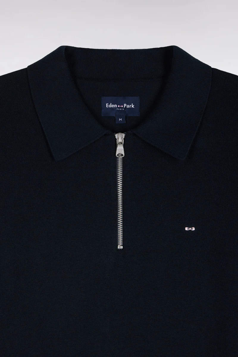 Pull à col polo zippé en coton et viscose marine coupe droite