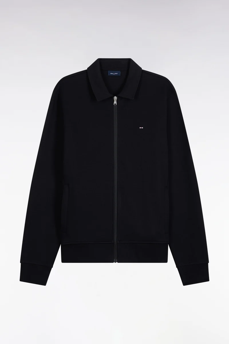 Sweatshirt zippé à col polo en coton noir coupe droite