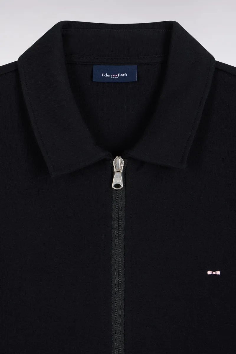 Sweatshirt zippé à col polo en coton noir coupe droite
