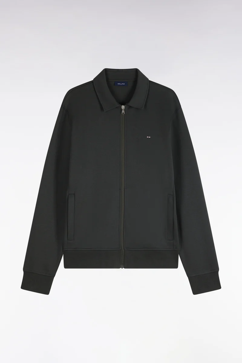 Sweatshirt zippé à col polo en coton kaki coupe droite