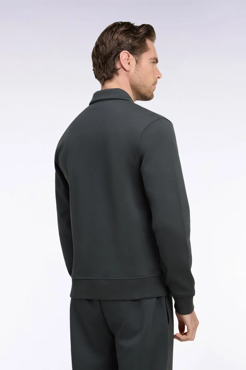 Sweatshirt zippé à col polo en coton kaki coupe droite