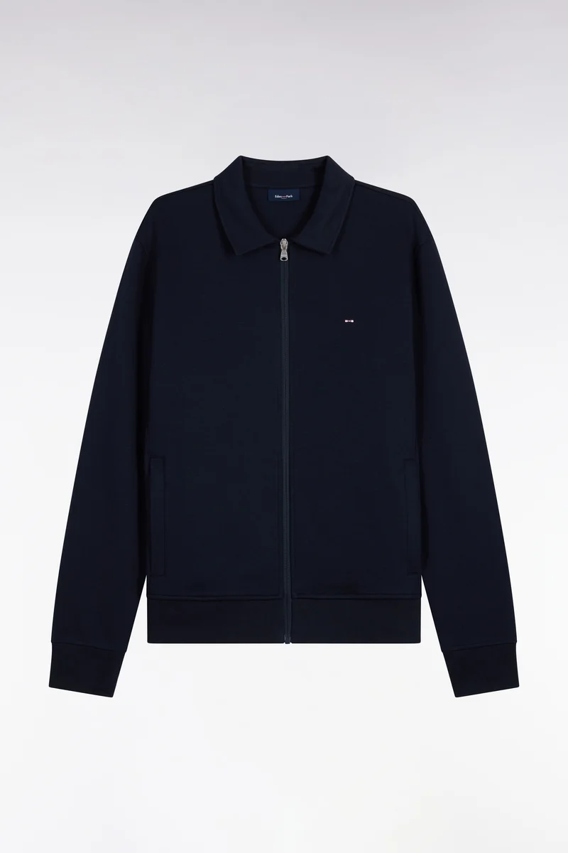 Sweatshirt zippé à col polo en coton marine coupe droite