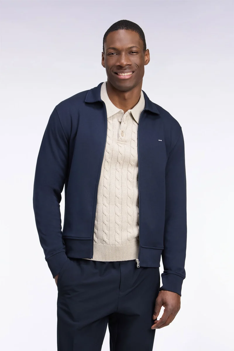 Sweatshirt zippé à col polo en coton marine coupe droite