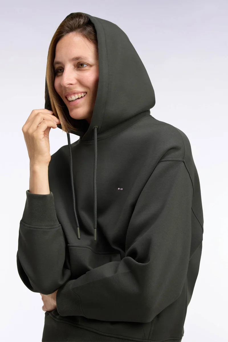 Sweatshirt à capuche unisexe en interlock kaki coupe loose