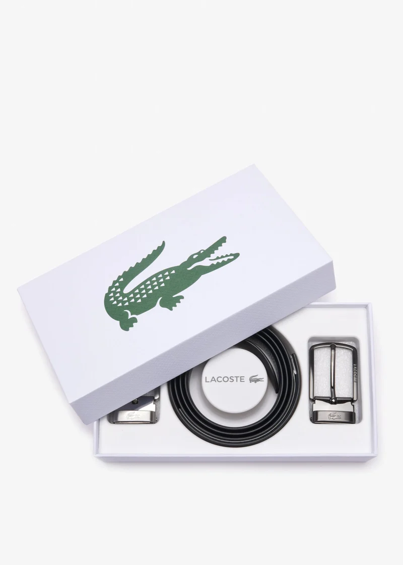 Coffret ceinture 2 boucles Lacoste en cuir noir