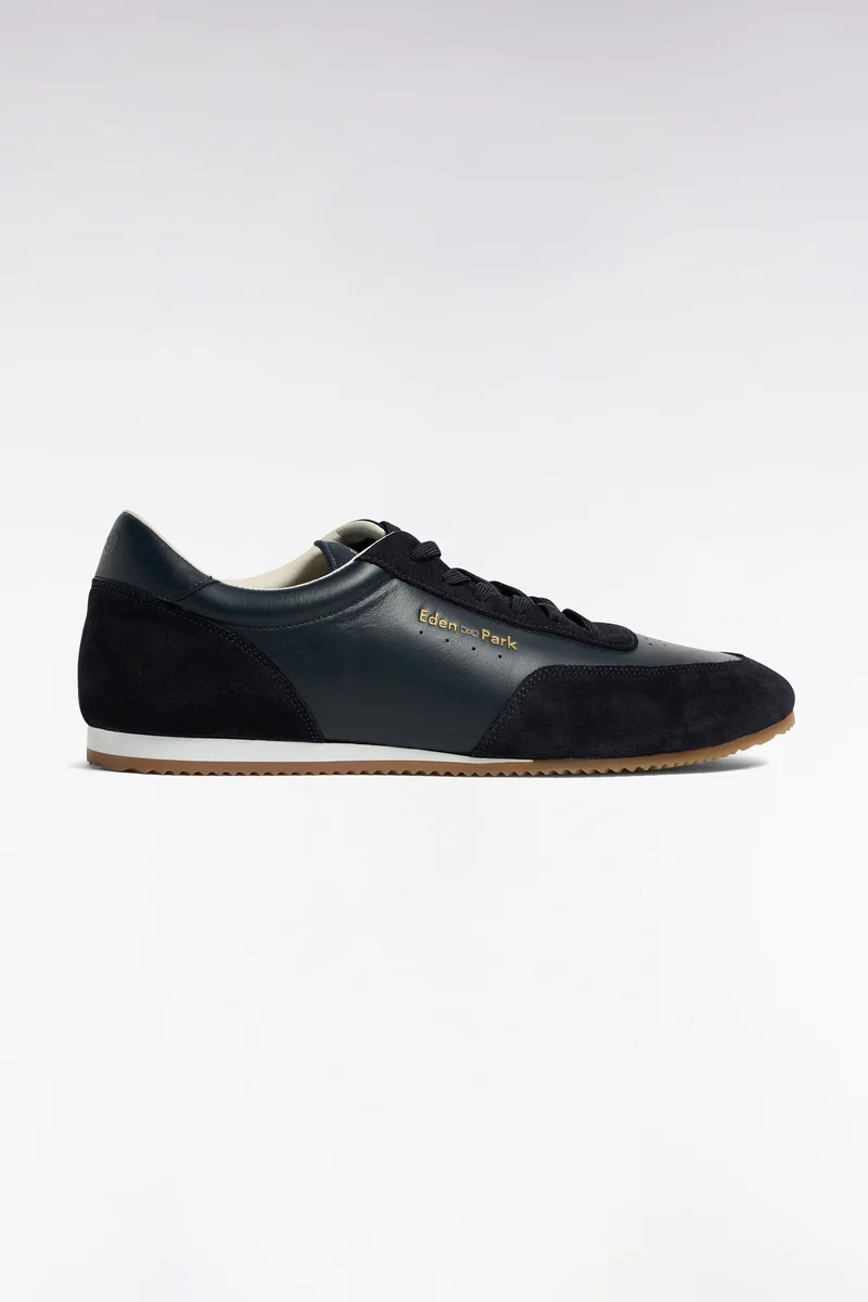 Baskets basses bimatière en cuir et daim marine